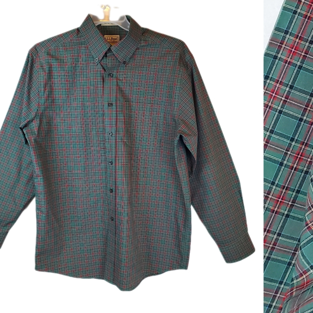LL Bean Green Red Plaid Button Down Shirt Size M Mens Wrinkle Resistant Cotton